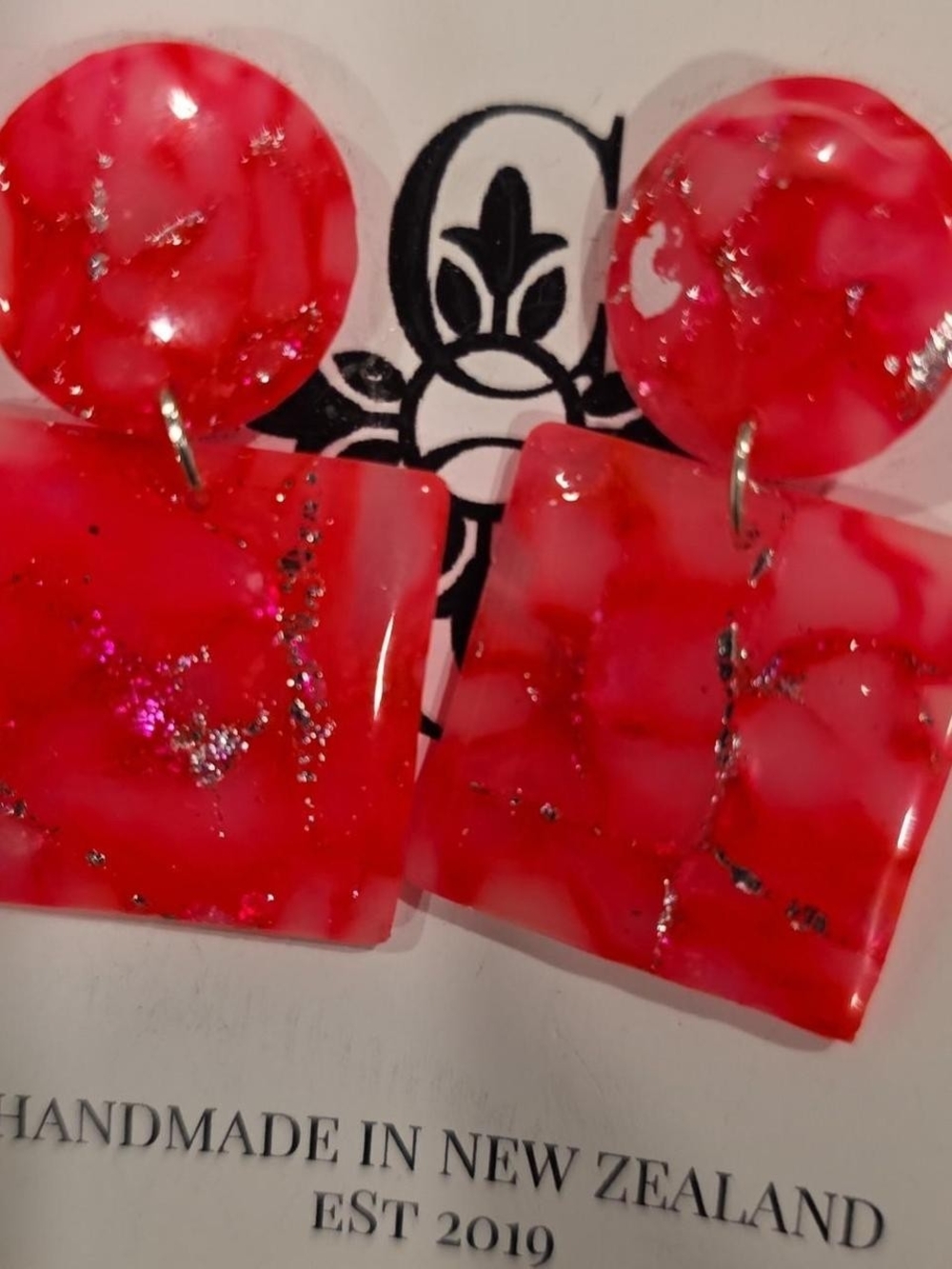 Handmade Kids Red Glitter Square Drop Earrings